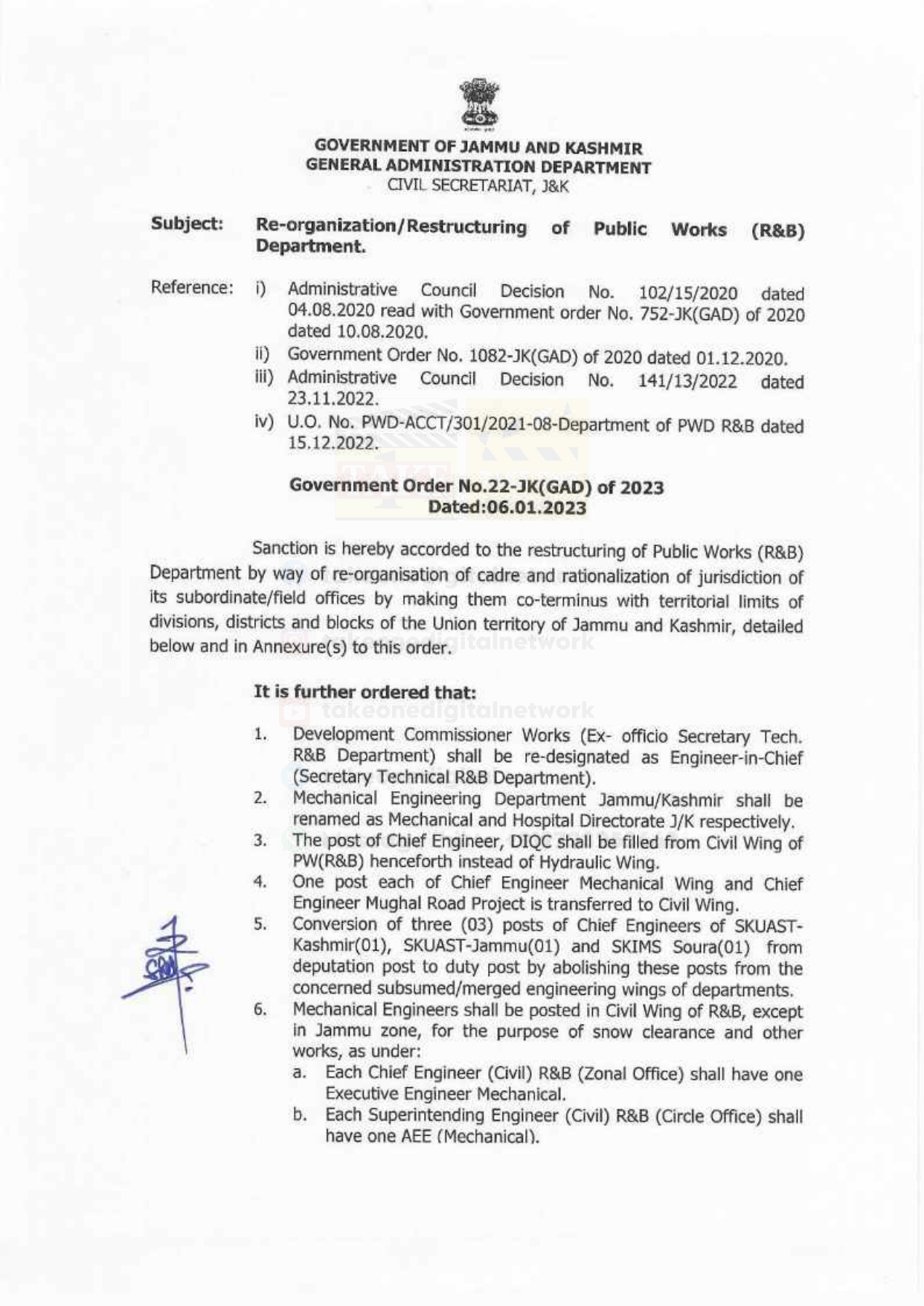 J&K Govt orders Restructuring of R&B Department