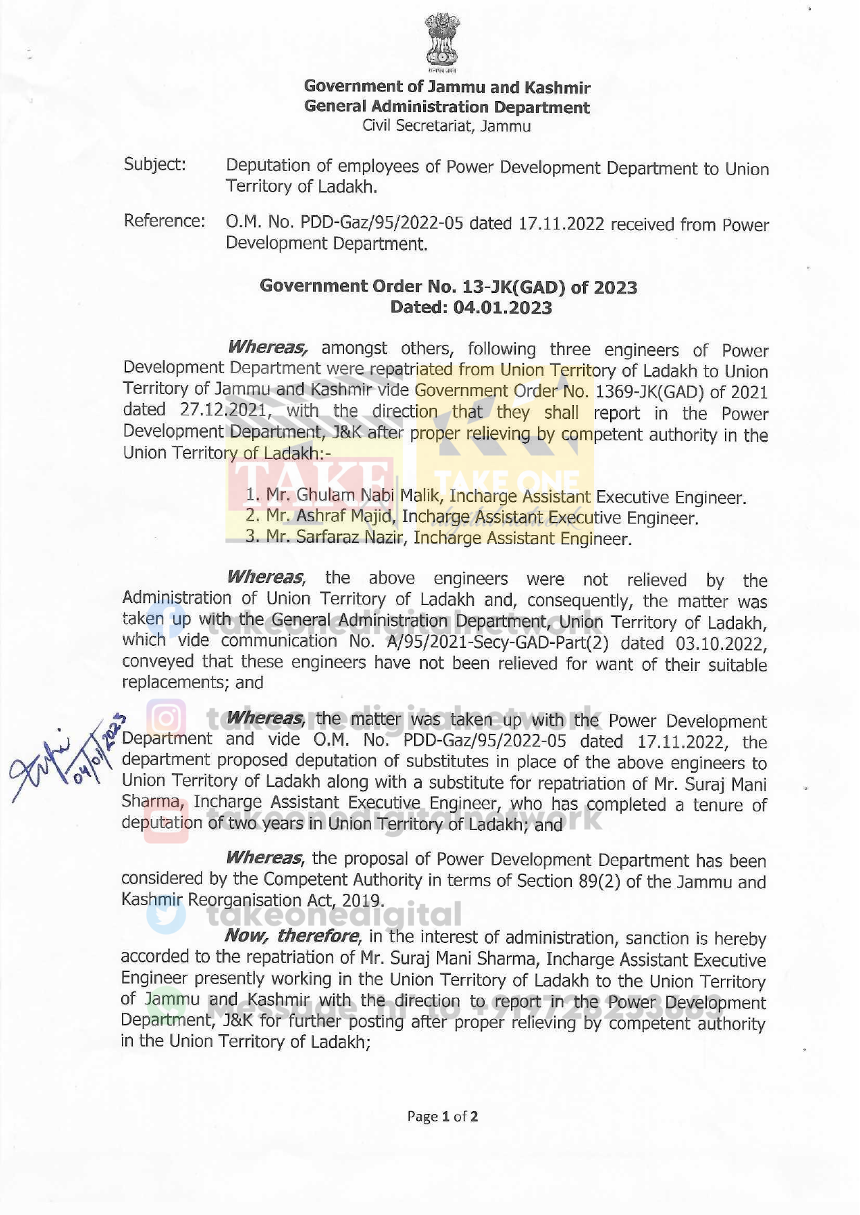 Deputation of employees of PDD to UT Ladakh