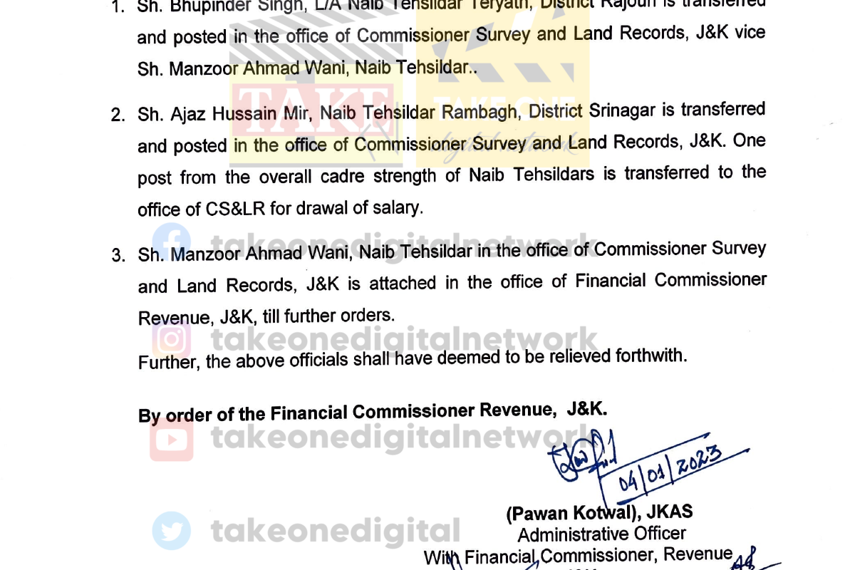 Naib Tehsildars transferred and posted in J&K Admin