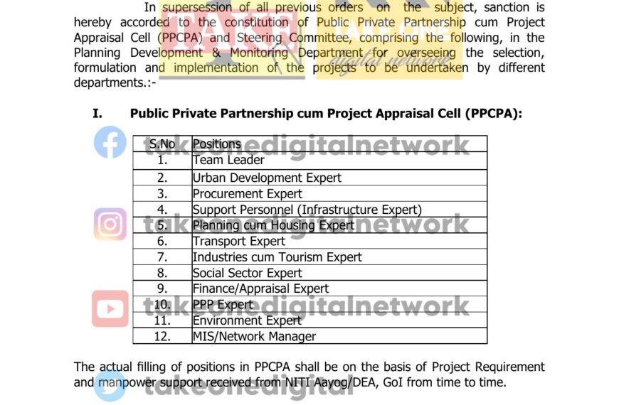 Public Private Partnership cum Project Appraisal Cell PPCPA & Steering Committee constituted in Planning Development & Monitoring Deptt