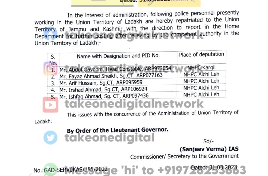 Five Police personnel repatriated from Ladakh to J&K