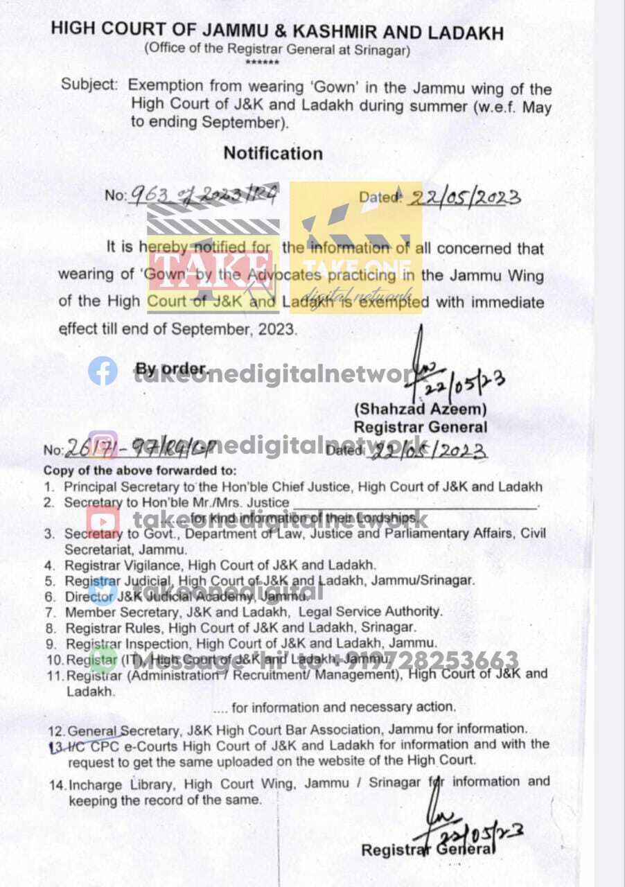 Registrar General exempts Advocates from wearing ‘Gown’ during summer in Jammu Wing of High Court of J&K and Ladakh