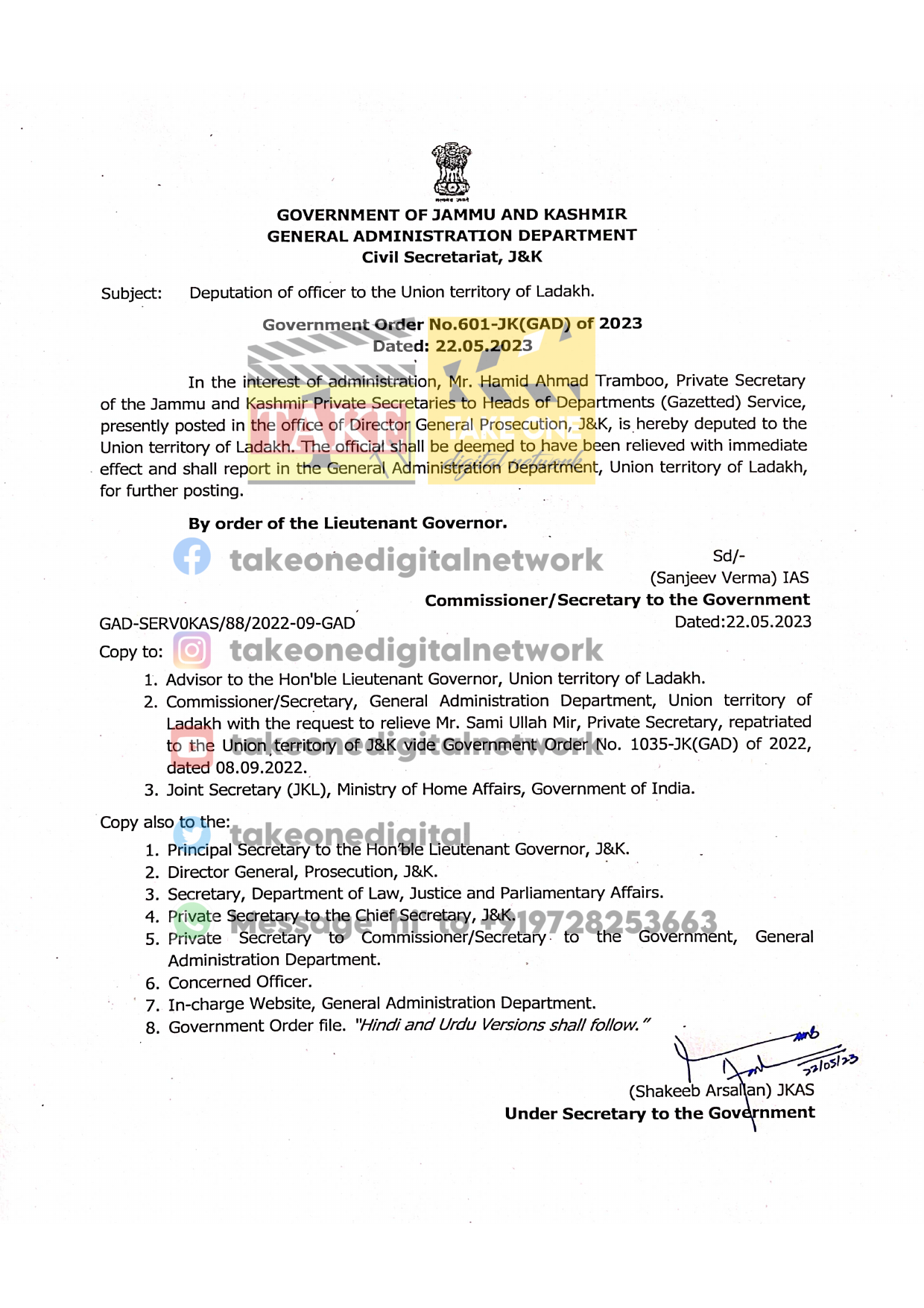 J&K GAD deputes Private Secretary to UT of Ladakh