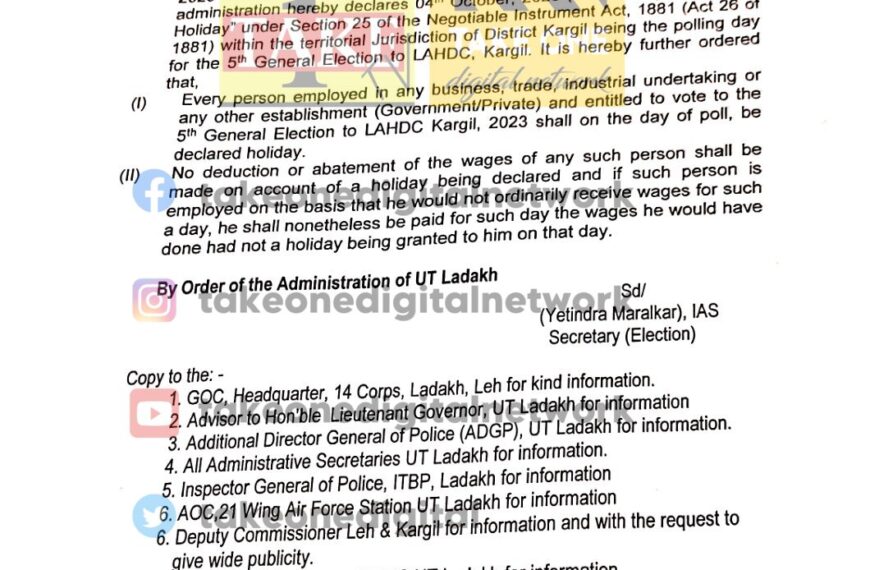 4th Oct 2023 Declared as Public Holiday for LAHDC Kargil General Elections
