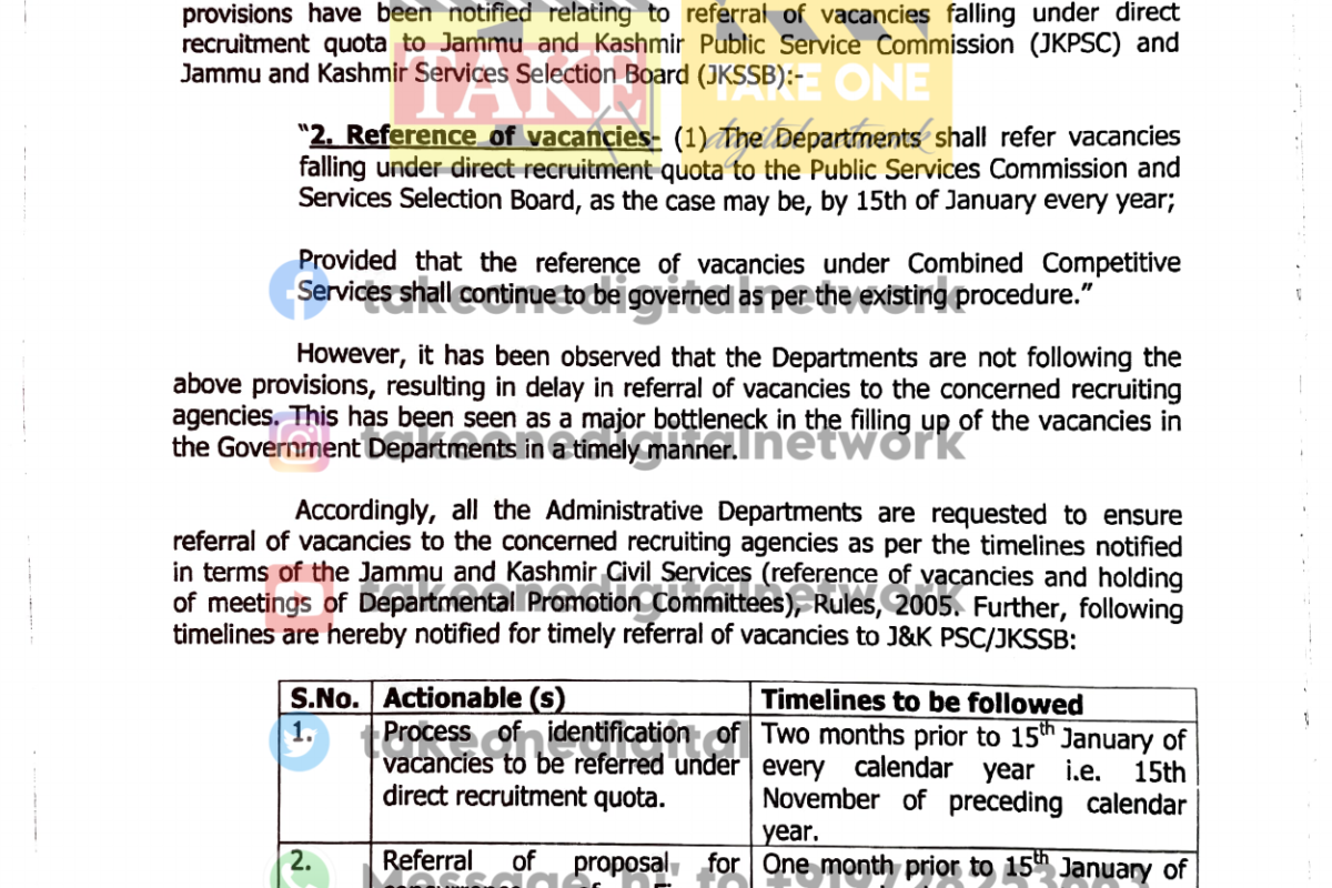 Govt notifies timelines for ‘Referral of Vacancies’ to JKPSC, JKSSB