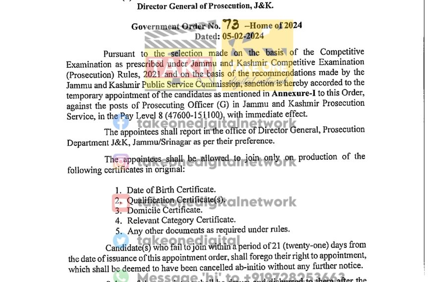 116 prosecuting officers (G) appointed under direct recruitment quota in J&K Prosecution Service