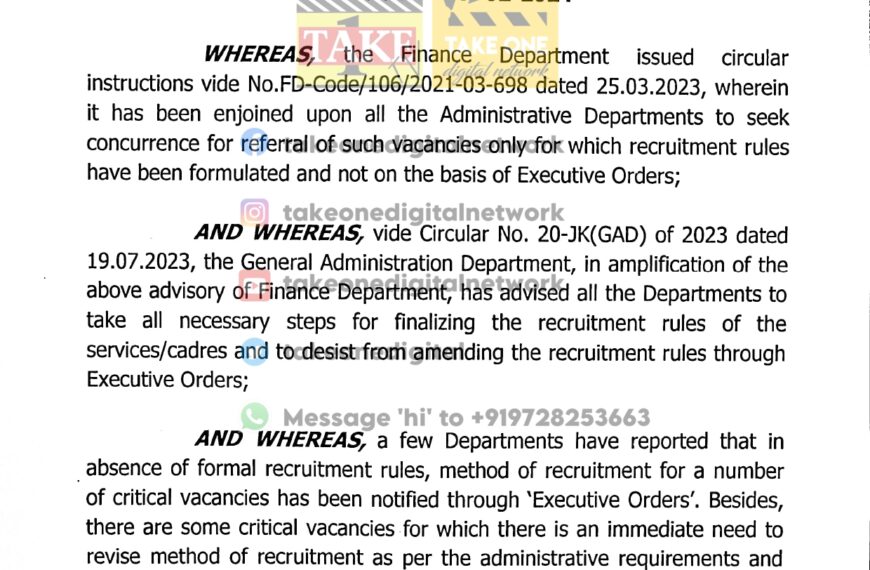 J&K govt grants one-time executive order exemption for critical vacancy fillings