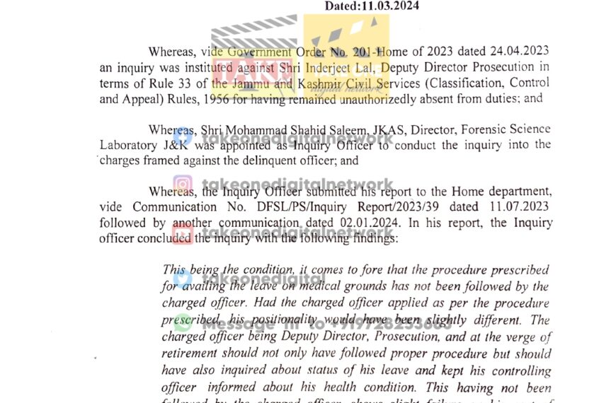 J&K Govt closes inquiry against Deputy Director Prosecution with warning