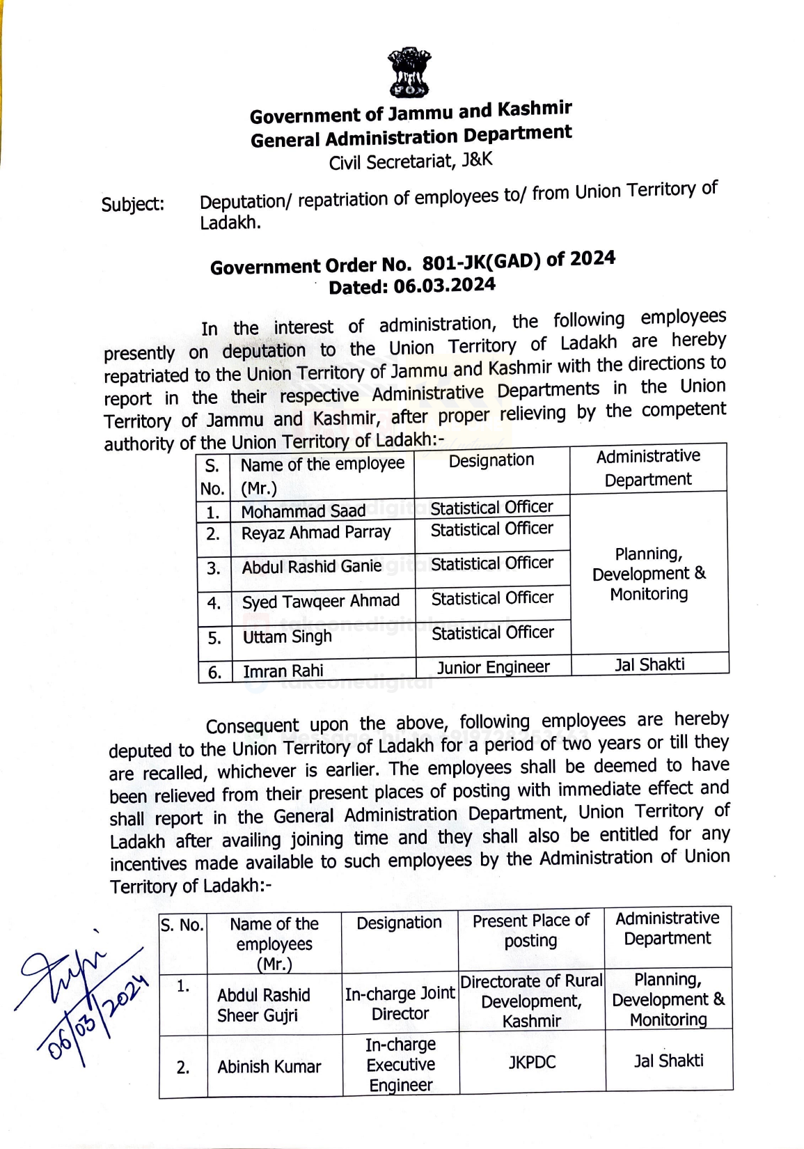 6 Govt employees repatriated to J&K; 9 deputed to Ladakh
