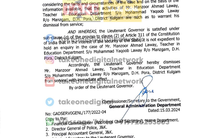 J&K Govt terminates teacher’s employment over security concerns