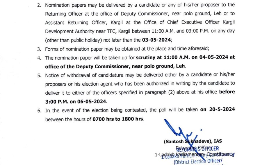 District Election Officer issues ‘Notice of Election’ in Ladakh