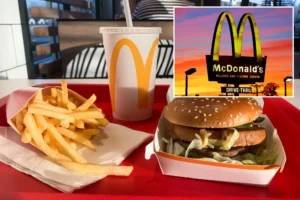 The image shows Mcdonalds $5 Meal Deal, launching in June 2024, there is french fries, drinks and burger in the image
