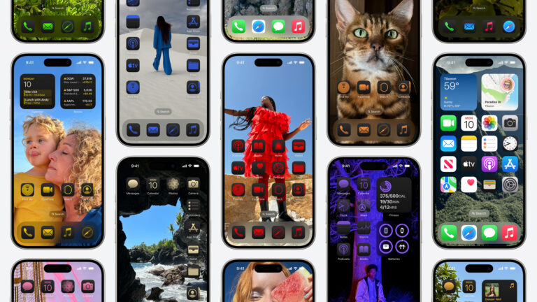 The image is of iOS 18 Features List. A collage of various iPhone home screens in iOS 18. The screens show different app icon styles, widgets, and wallpapers. Some widgets display information such as the time, date, weather, and fitness rings. Text on the screens includes "Lunch with Andy," "Paradise Dr," "9:41," "375/500CAL," "19/30MIN," and "♫."