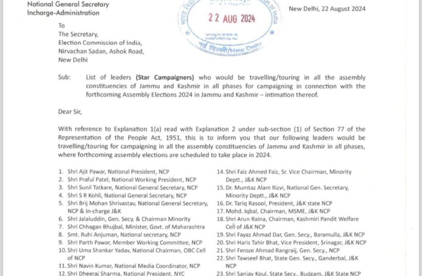Nationalist Congress Party releases list of star campaigners for J&K Assembly Elections