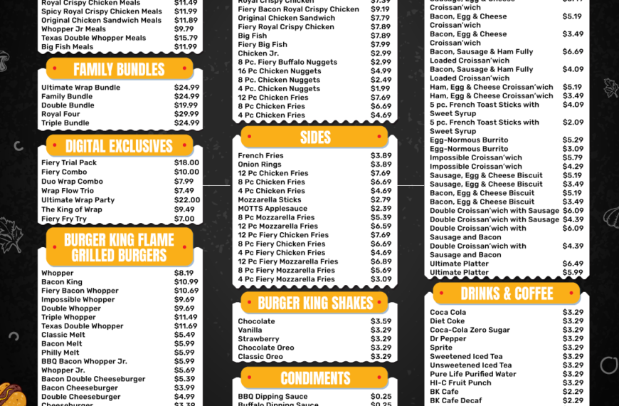 A menu from Burger King showing their various meal options, including burgers, chicken, fish, breakfast items, and sides. Prices are listed next to each item.