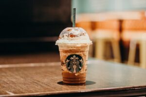 A close-up of a Starbucks iced coffee drink with whipped cream and chocolate drizzle, showcasing the process behind crafting this popular beverage.