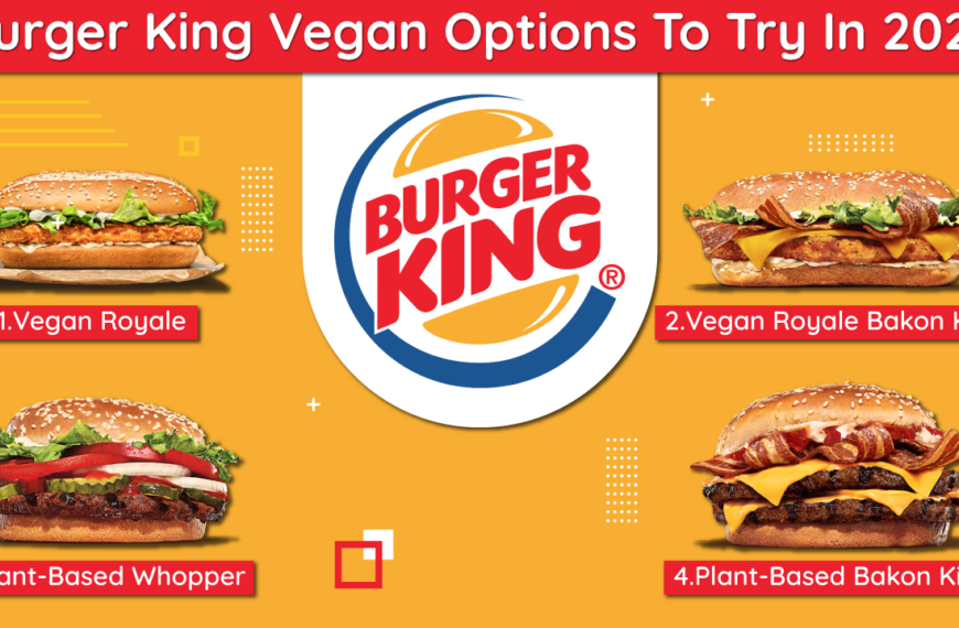 An image showcasing four different Burger King vegan burger options available at Burger King in 2025. From left to right: 1. Vegan Royale, 2. Vegan Royale Bakon King, 3. Plant-Based Whopper, 4. Plant-Based Bakon King. Each burger is pictured on a sesame seed bun with various toppings like lettuce, tomato, and vegan cheese. The Bakon King variations feature strips of plant-based bacon.