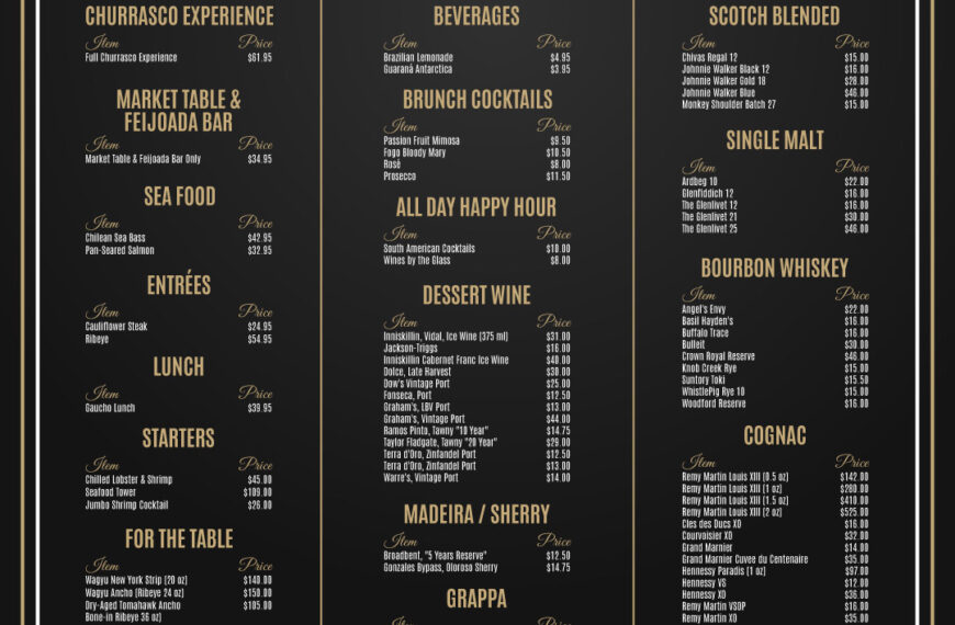 The Fogo de Chão menu with prices. The menu includes sections for Churrasco Experience, Market Table & Feijoada Bar, Seafood, Entrées, Lunch, Starters, For the Table, Desserts, Beverages, and Spirits. Each section lists various food and drink items with their corresponding prices.