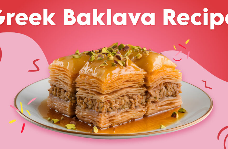 Three triangular pieces of Greek baklava stacked on a white plate. The baklava has visible layers of flaky filo dough and a filling of chopped nuts. It is drizzled with a golden syrup and garnished with chopped green pistachios. The background is a bright pink with white swirls and colorful sprinkles.