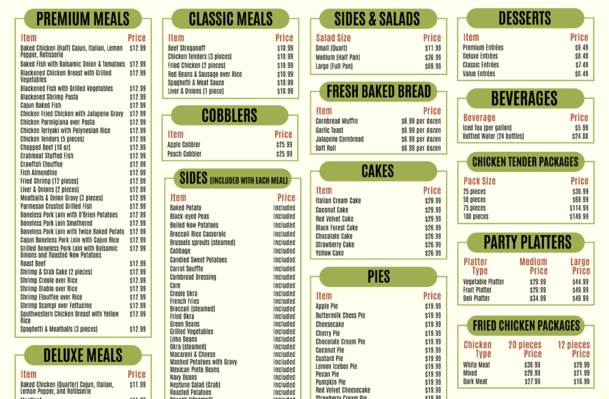 Piccadilly Menu with Prices for Premium, Classic, and Value Meals, Sides, Salads, Desserts, and Beverages.