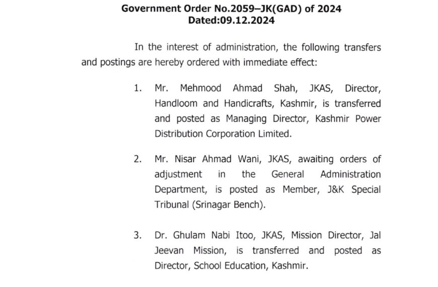 Major Reshuffle in J&K Admin: 22 JKAS officers transferred and posted