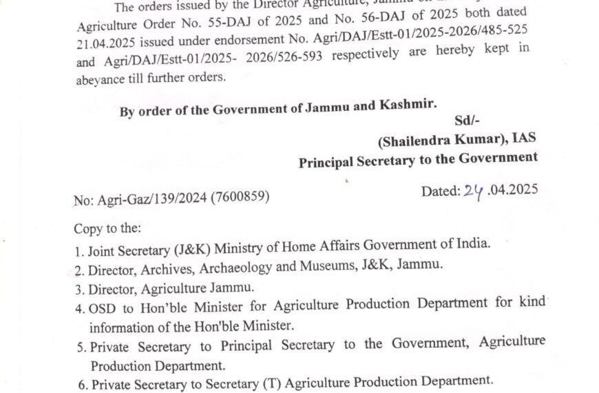 J&K Govt puts Agriculture Dept transfers on hold