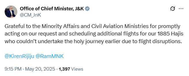 1885 stranded Hajis to fly as centre acts on J&K CM’s request