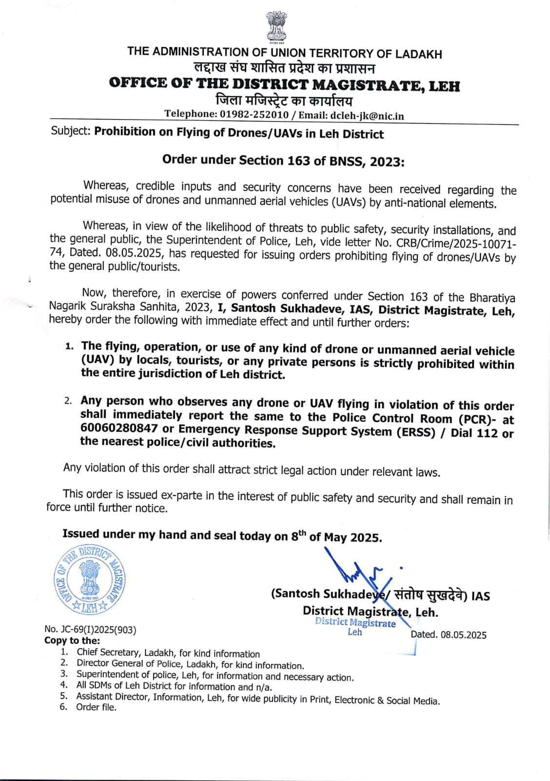 Prohibition on Flying of Drones/UAVs in Leh District