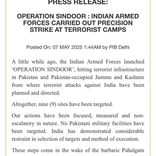Indian Armed forces launch ‘Operation Sindoor’ targeting terror bases in PoK, Pakistan