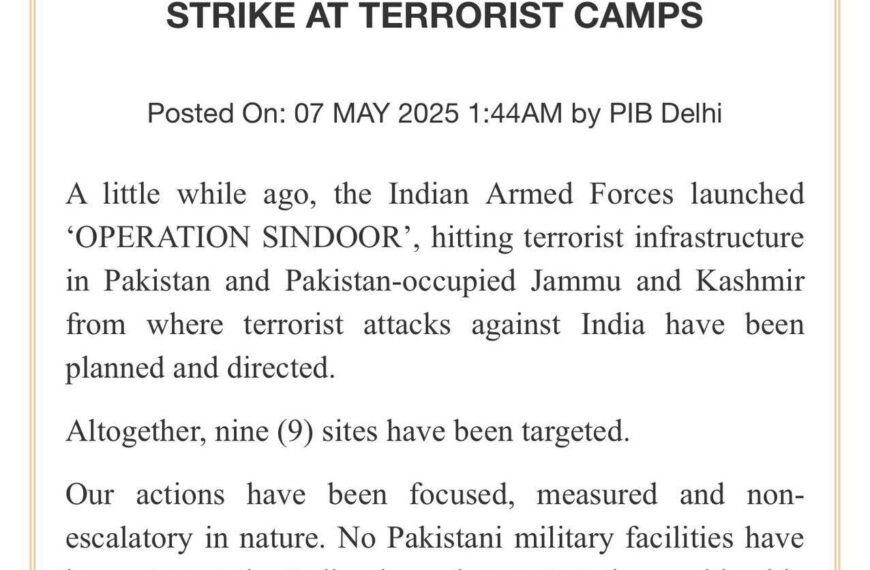 Indian Armed forces launch ‘Operation Sindoor’ targeting terror bases in PoK, Pakistan