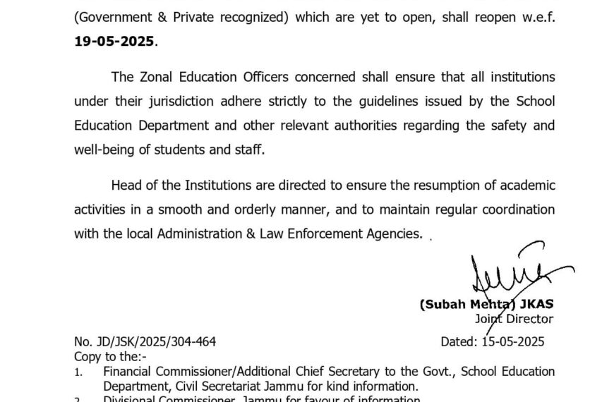 All Govt and Private schools in Jammu division to reopen from May 19