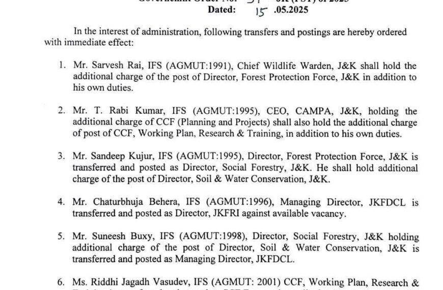 J&K Govt orders major reshuffle in forest department, senior IFS officers reassigned