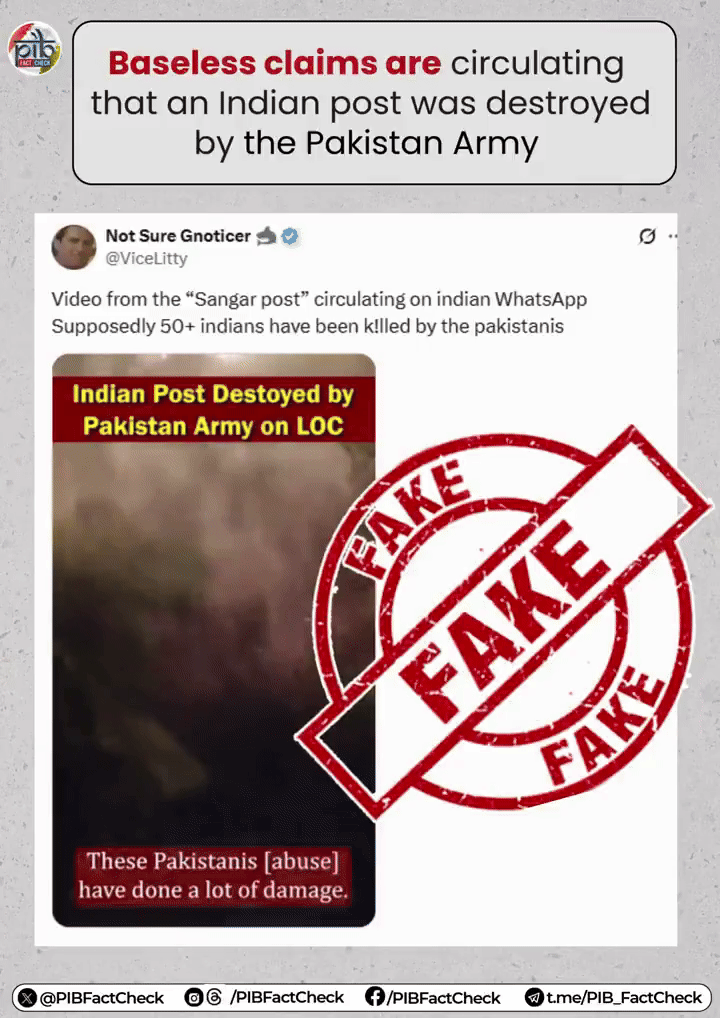 PIB exposes fake video claiming Indian post destroyed by Pakistani Army (Photo/X @PIBFactCheck)