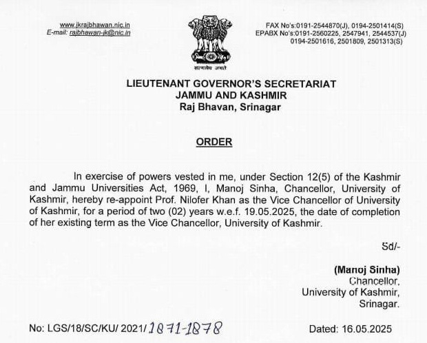Prof. Nilofer Khan gets two-year extension as Kashmir University Vice Chancellor