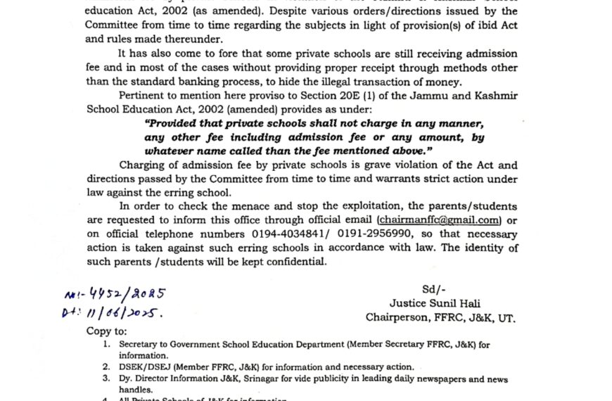 J&K FFRC issues circular directing private schools not to charge admission fee