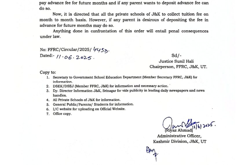 J&K FFRC bans mandatory advance fee collection by private schools
