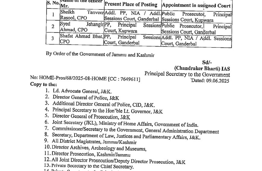 J&K Govt appoints Public Prosecutors for Ganderbal and Kupwara Sessions Courts