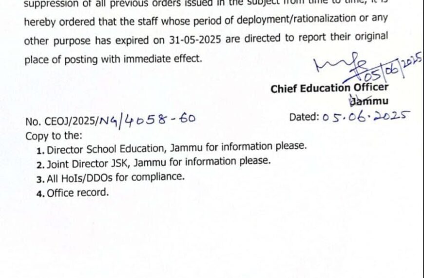 CEO Jammu directs expired deployment staff to report back to original posts