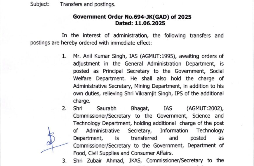 J&K Govt orders major administrative reshuffle: 24 IAS & JKAS officers transferred